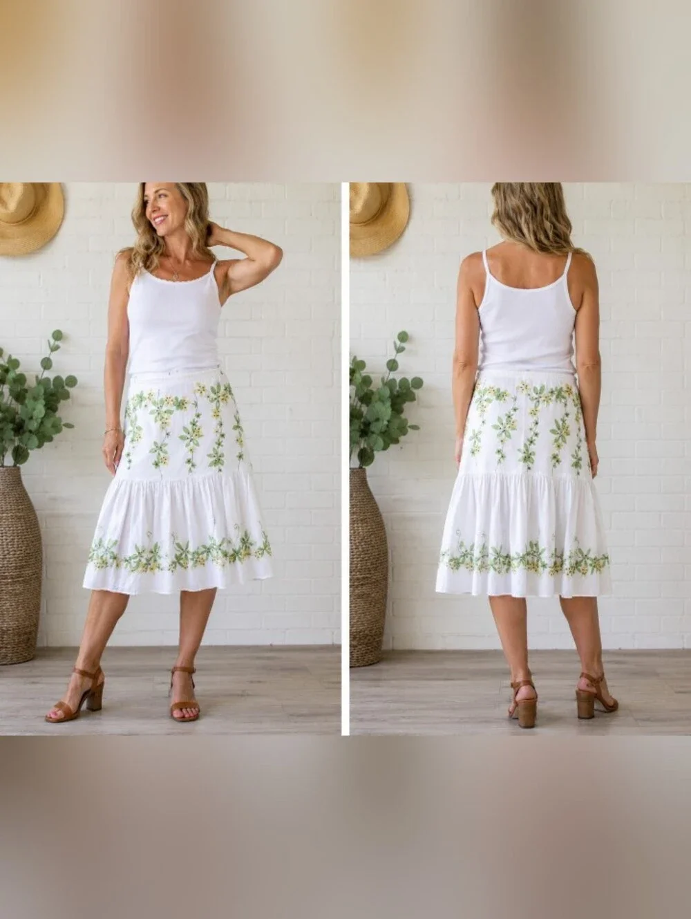 jh collectibles white floral embroidered beaded tiered skirt womens xl boho